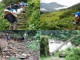 
The trail was exceptionally steep off the south side of the Num ridge, dropping on slippery rocks through jungle to a suspension bridge over the torrential Arun Kosi (630m), arriving after 70 minutes just dripping with sweat.
